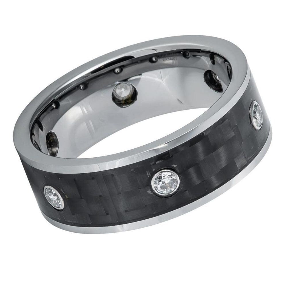 Men's Tungsten Wedding With 6 White Cubic Zirconia Stones Black Carbon Fiber Inlay- 8mm Engraved Tungsten Ring