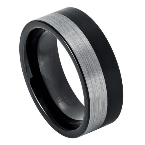 Men's Flat Two Tone Black And Silver Brushed Tungsten Wedding- 8mm Engraved Tungsten Ring