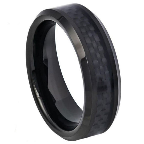 Men's Black Tungsten Tungsten Ring with Black Carbon Fiber Inlay Beveled Edge- 6mm Engraved Tungsten Ring