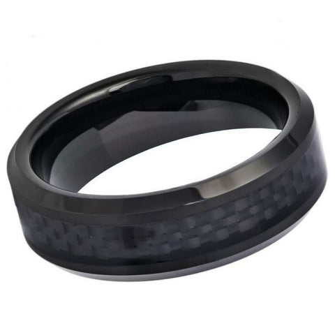 Men's Black Tungsten Tungsten Ring with Black Carbon Fiber Inlay Beveled Edge- 6mm Engraved Tungsten Ring