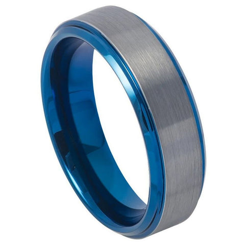 Men's Tungsten Wedding Band with Silver Brushed Center & Blue Stepped Edge- 6mm Engraved Tungsten Ring