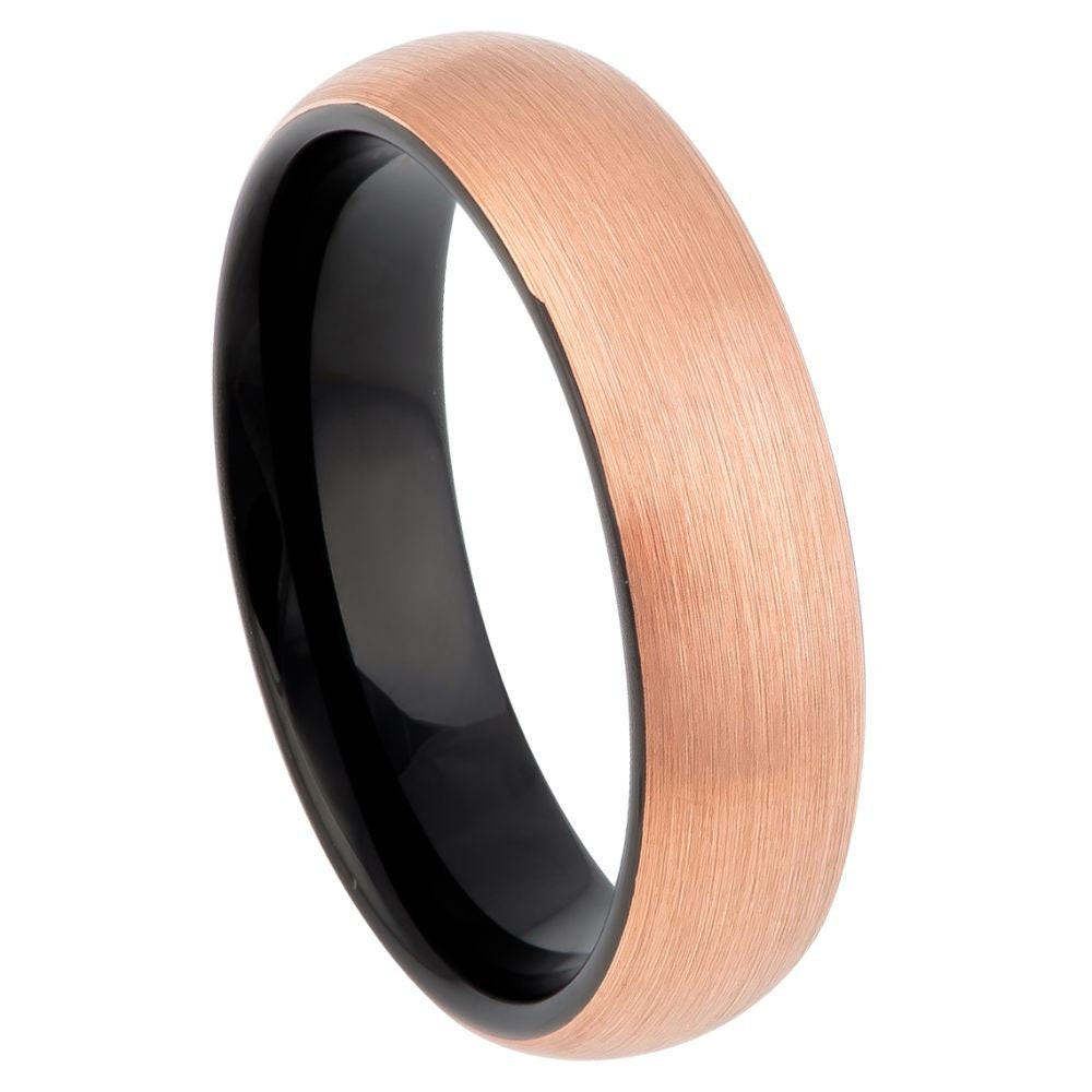 Men's Tungsten Wedding Band with Rose Gold Brushed Center And Black Stepped Edge- 6mm Engraved Tungsten Ring