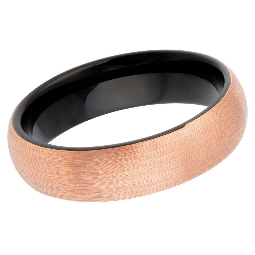 Men's Tungsten Wedding Band with Rose Gold Brushed Center And Black Stepped Edge- 6mm Engraved Tungsten Ring