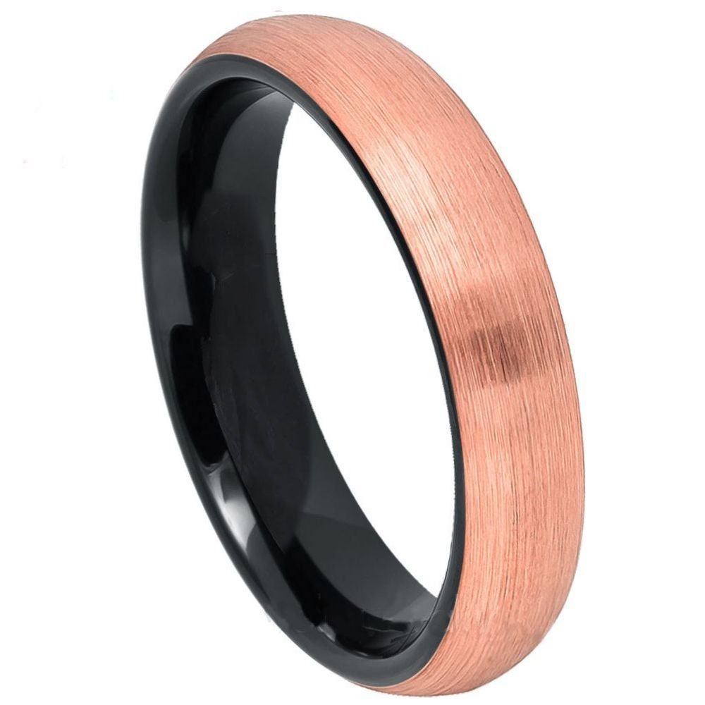 Men's Tungsten Wedding Band with Rose Gold Brushed Center And Black Stepped Edge- 4mm Engraved Tungsten Ring