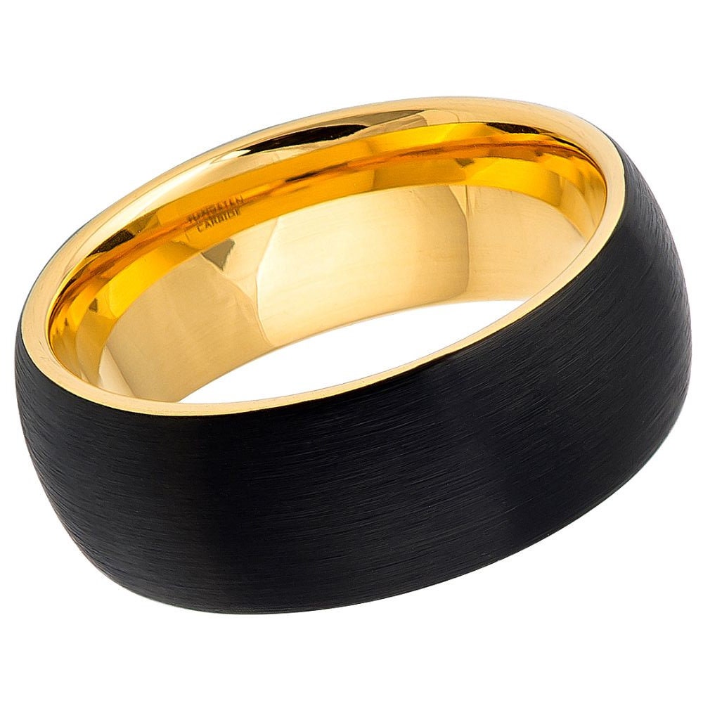 Men's Domed Black Outside and Yellow Gold Inside Tungsten Ring with Brushed Finish and Beveled Edges- 8mm Engraved Tungsten Ring