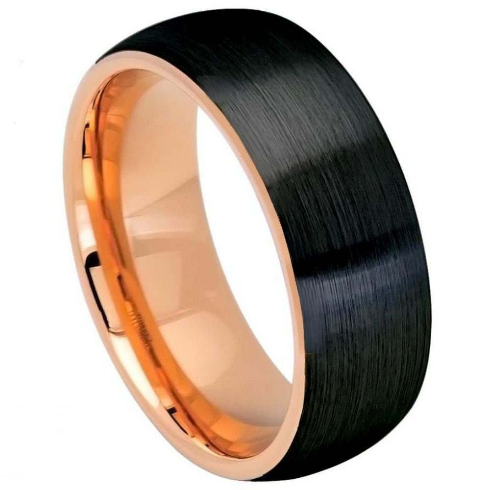 Men's Domed Brushed Black With Rose Gold Tungsten Wedding Band Brushed Finish- 8mm Engraved Tungsten Ring