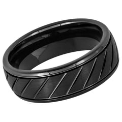 Men's Black Brushed Tungsten Wedding Tungsten Ring for Men with Diagonal Grooves in Black Center Step Edges- 8mm Engraved Tungsten Ring