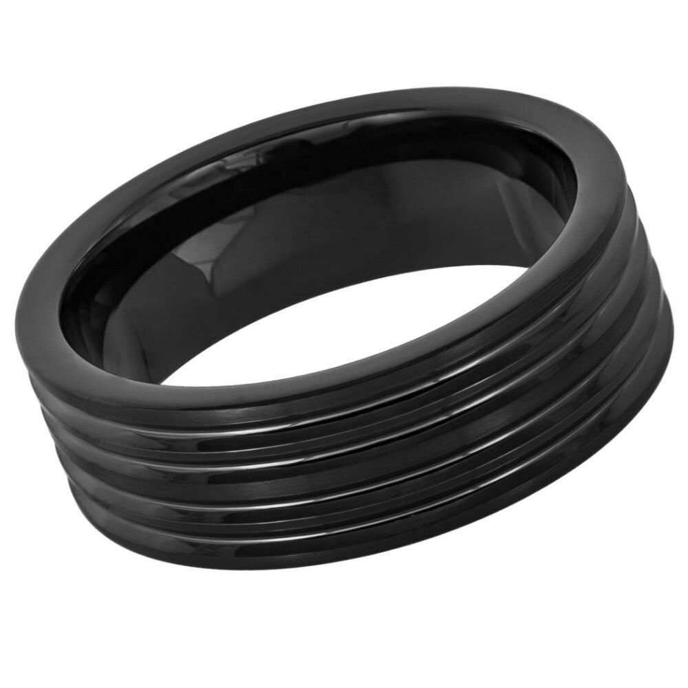 Men's Matte Black Tungsten Band with Crisscrossed Channels And Groove- 8mm Engraved Tungsten Ring