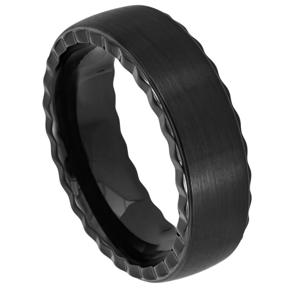 Men's Black Pipe Cut Tungsten Ring with Brushed Center and Grooved Sides Wedding- 8mm Engraved Tungsten Ring