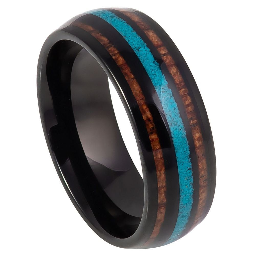 Men's Black Tungsten Tungsten Ring with Koa Wood and Crushed Turquoise Double Inlay Tungsten Ring- 8mm Engraved Tungsten Ring