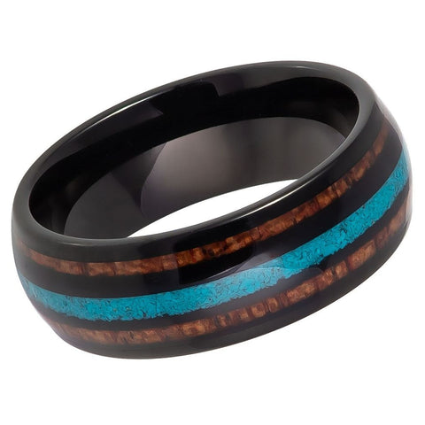 Men's Black Tungsten Tungsten Ring with Koa Wood and Crushed Turquoise Double Inlay Tungsten Ring- 8mm Engraved Tungsten Ring