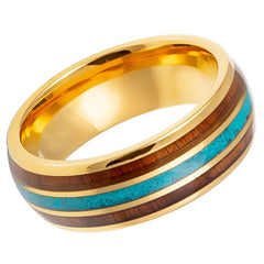 Men's Yellow Gold Tungsten Tungsten Ring with Rosewood and Crushed Turquoise Double Inlay- 8mm Engraved Tungsten Ring