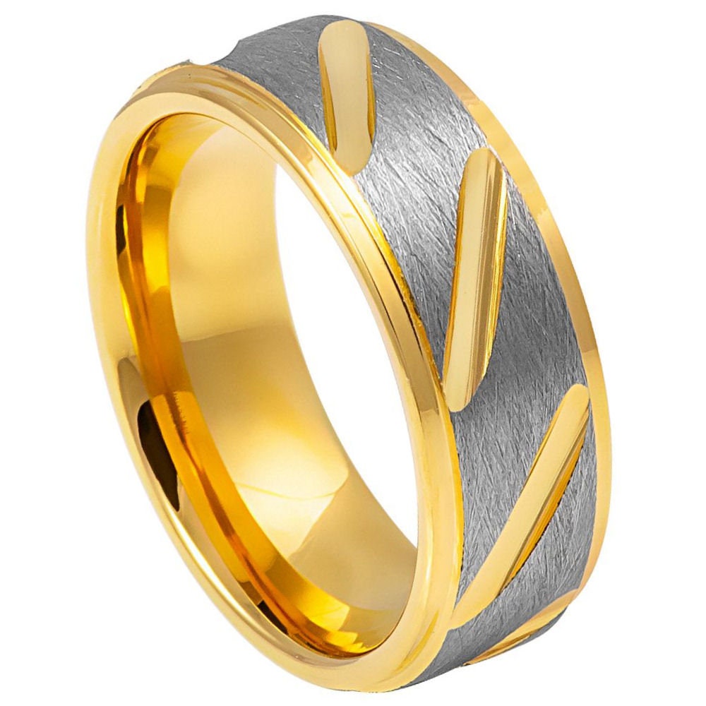 Men's Tungsten Two Tone Yellow Inside and Outside Gray And Yellow- 8mm Engraved Tungsten Ring