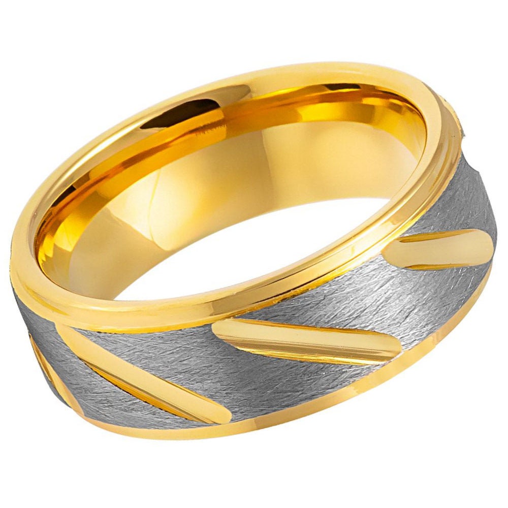 Men's Tungsten Two Tone Yellow Inside and Outside Gray And Yellow- 8mm Engraved Tungsten Ring