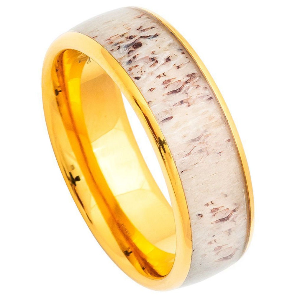 Men's Yellow Gold Tungsten Wedding Band With Off White Antler Inlay And Bevels- 8mm Engraved Tungsten Ring