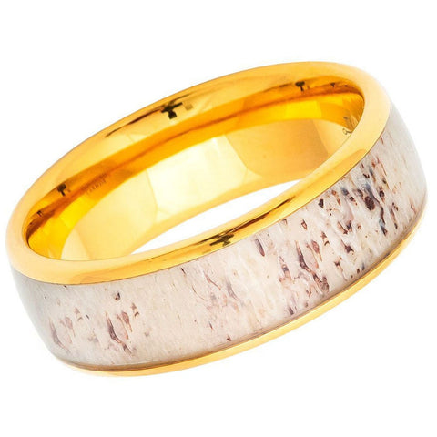 Men's Yellow Gold Tungsten Wedding Band With Off White Antler Inlay And Bevels- 8mm Engraved Tungsten Ring