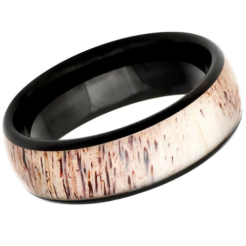 Men's Black Tungsten Anniversary Band With Off White Antler Inlay And Bevels- 8mm Engraved Tungsten Ring