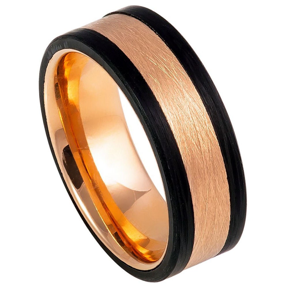 Men's Rose Gold Forged Carbon Fiber Sides And Brushed- 8mm Engraved Tungsten Ring