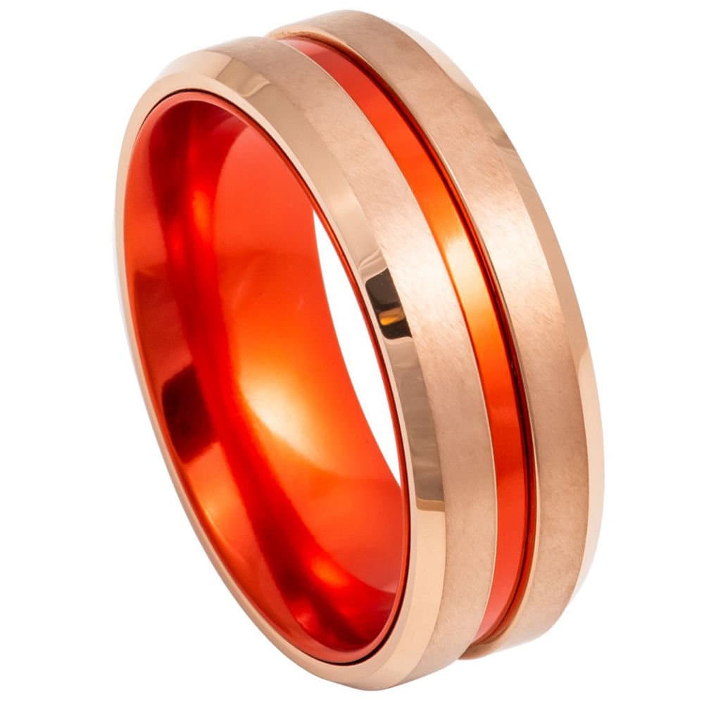 Unisex Rose Gold Orange Interior Tungsten Wedding Band- 8mm Engraved Tungsten Ring