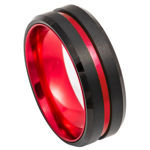 Men's Tungsten Red and Black Combined Matte Finish Red Center Grooved Wedding Band- 8mm Engraved Tungsten Ring