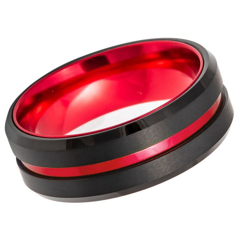 Men's Tungsten Red and Black Combined Matte Finish Red Center Grooved Wedding Band- 8mm Engraved Tungsten Ring