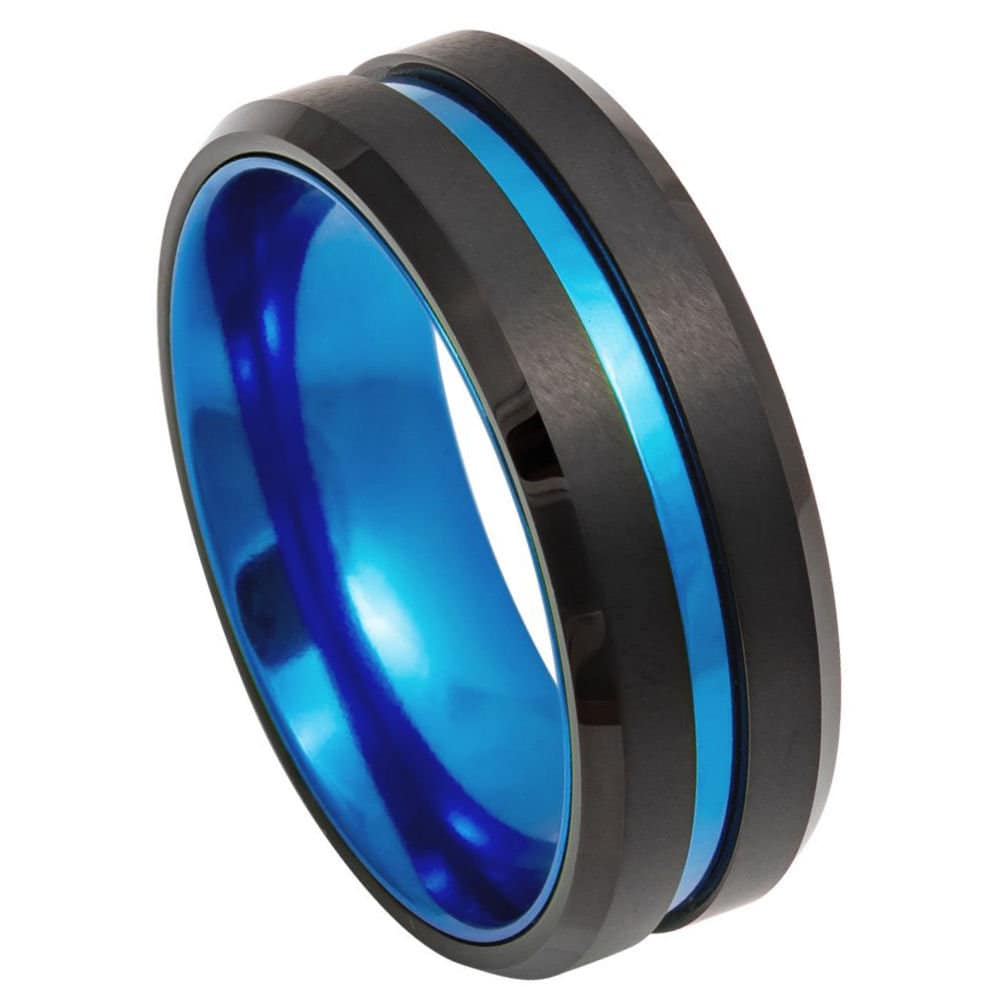 Men's Black Tungsten Cobalt Blue Stripe Blue Inner Band Wedding Band- 8mm Tungsten Ring