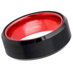 Men's Black And Red Brushed Tungsten Comfort Fit Wedding Band- 8mm Engraved Tungsten Ring