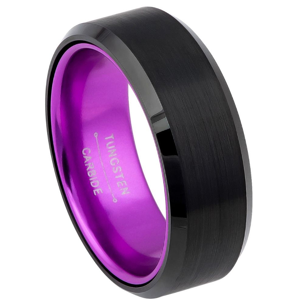 Unisex Purple And Black Tungsten Wedding Band- 8mm Engraved Tungsten Ring