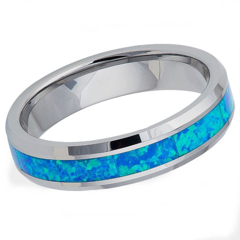 Unisex Silver Band With Blue Opal Inlay Tungsten- 6mm Engraved Tungsten Ring