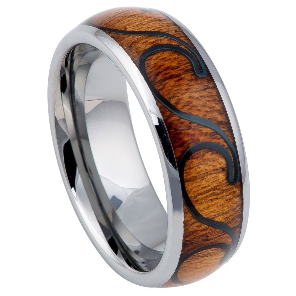 Men's Silver With Dark Wood Inlay Polished Shiny Tungsten Wedding Band- 8mm Engraved Tungsten Ring