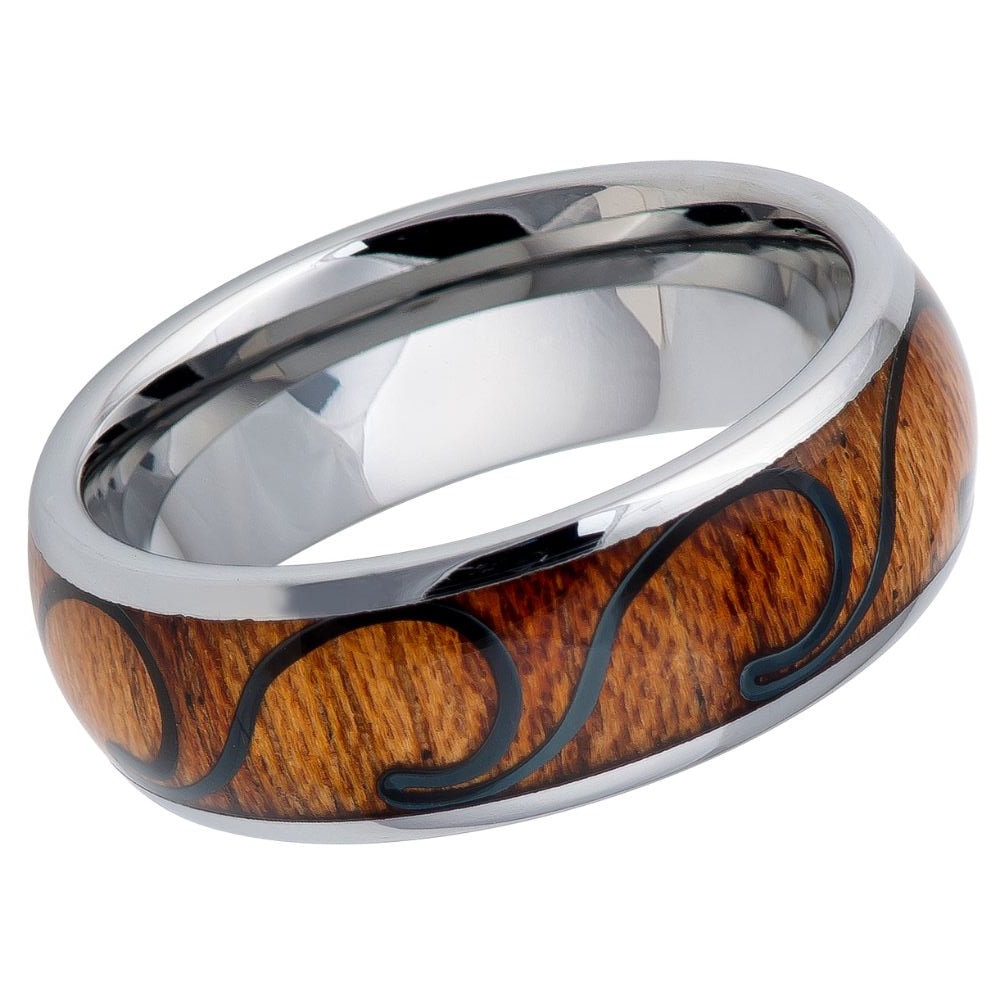 Men's Silver With Dark Wood Inlay Polished Shiny Tungsten Wedding Band- 8mm Engraved Tungsten Ring