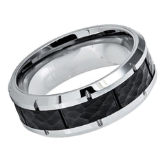 Men's Silver Band With Black Hammered Design Center Tungsten Wedding- 8mm Tungsten Ring