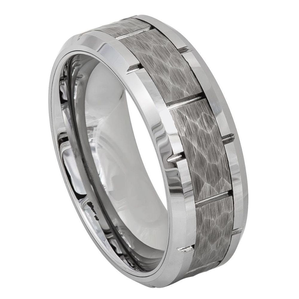 Men's Silver Band With Hammered Grey Center Design- 8mm Engraved Tungsten Ring