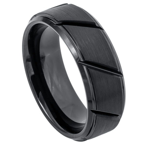 Men's Black Tungsten Wedding Band With Diagonal Grooves And Brushed Finish- 8mm Tungsten Ring