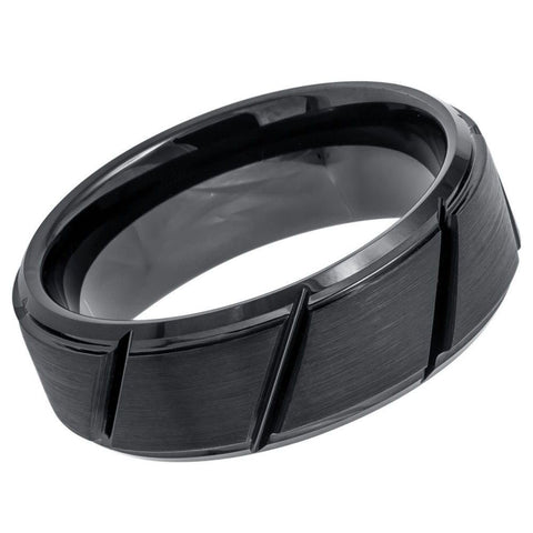 Men's Black Tungsten Wedding Band With Diagonal Grooves And Brushed Finish- 8mm Tungsten Ring