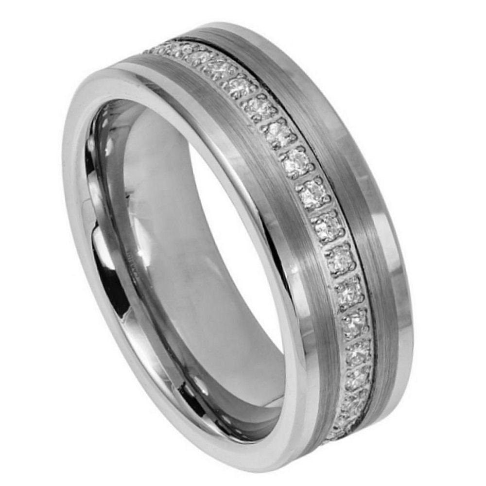 Men's Flat Tungsten Eternity Wedding With Cubic Zirconia in Brushed Center- 8mm Engraved Tungsten Ring