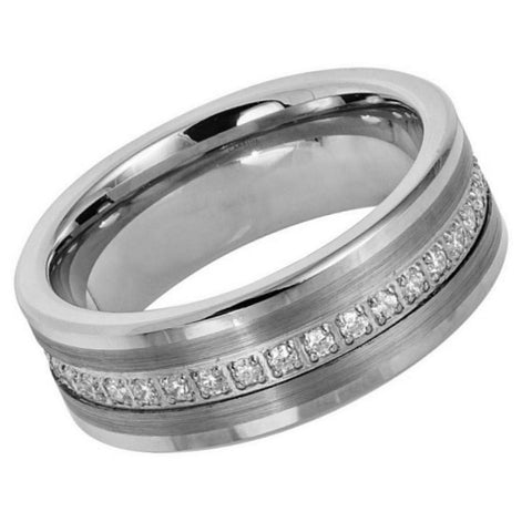 Men's Flat Tungsten Eternity Wedding With Cubic Zirconia in Brushed Center- 8mm Engraved Tungsten Ring