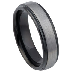 Men's Tungsten Wedding Band with Dark Grey Brushed Center And Black Interior- 6mm Engraved Tungsten Ring