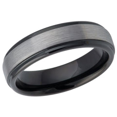 Men's Tungsten Wedding Band with Dark Grey Brushed Center And Black Interior- 6mm Engraved Tungsten Ring