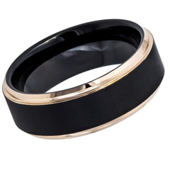 Men's Black and Rose Gold Beveled Edge Tungsten Wedding Band- 8mm Engraved Tungsten Ring