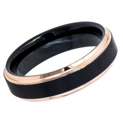 Men's Black and Rose Gold Beveled Edge Tungsten Wedding Band- 6mm Engraved Tungsten Ring