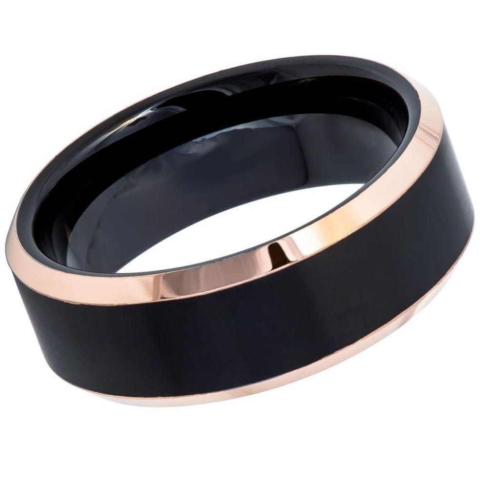 Men's Black and Rose Gold Beveled Edge Tungsten Wedding Band- 8mm Engraved Tungsten Ring