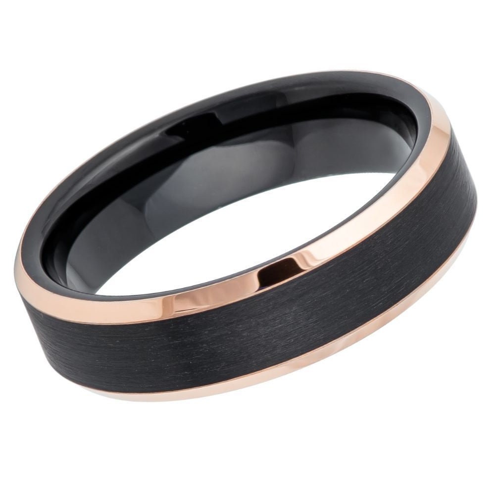 Men's Black and Rose Gold Beveled Edge Tungsten Band- 6mm Engraved Tungsten Ring