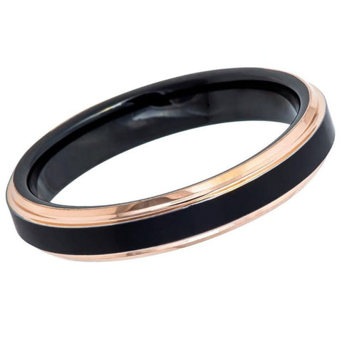 Men's Black and Rose Gold Beveled Edge Tungsten Band- 4mm Engraved Tungsten Ring