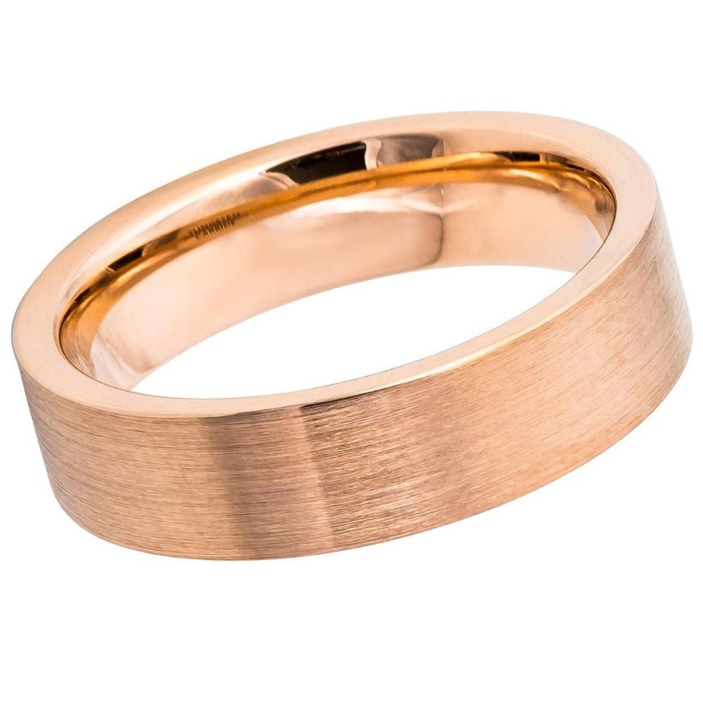 Men's Rose Gold Tungsten Carbide Wedding Tungsten Ring Brushed Center Beveled Edge Comfort Fit- 6mm Engraved Tungsten Ring