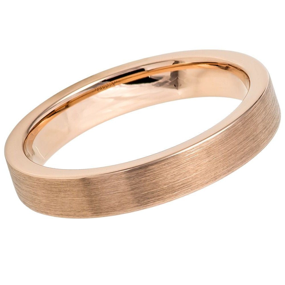 Men's Rose Gold Tungsten Carbide Wedding Tungsten Ring Brushed Center Beveled Edge Comfort Fit- 4mm Engraved Tungsten Ring