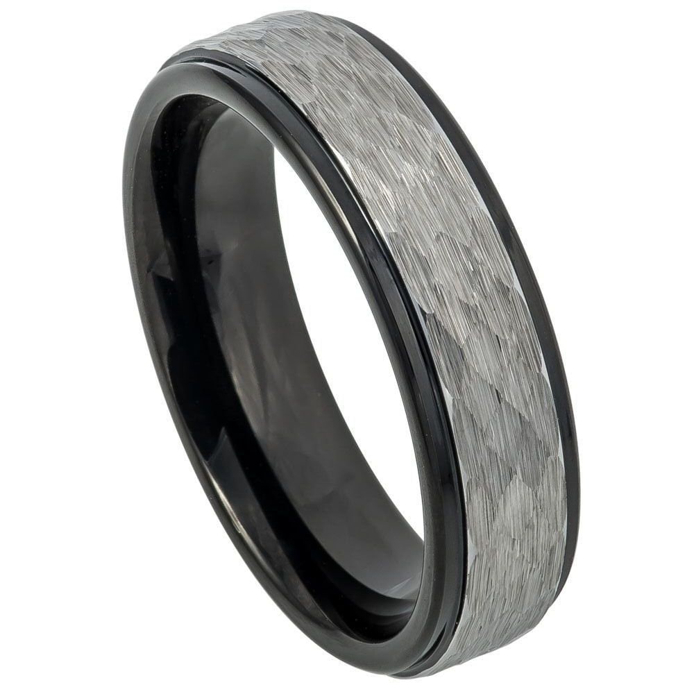 Men's Gray And Black Tungsten Carbide Hammered Design Comfort Fit- 8mm Engraved Tungsten Ring