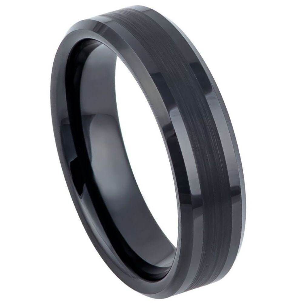 Men's Brushed Black Tungsten Tungsten Ring Beveled Edges Carbide Anniversary- 6mm Engraved Tungsten Ring