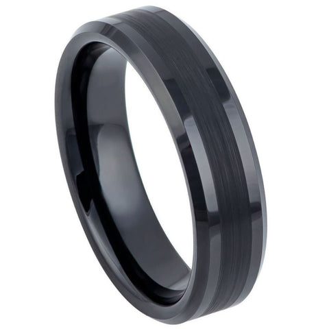 Men's Brushed Black Tungsten Tungsten Ring Beveled Edges Carbide Anniversary- 6mm Engraved Tungsten Ring