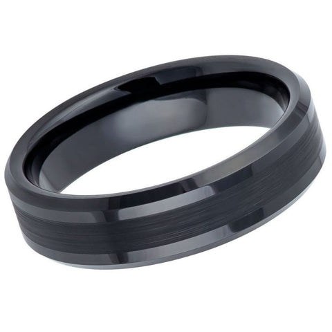 Men's Brushed Black Tungsten Tungsten Ring Beveled Edges Carbide Anniversary- 6mm Engraved Tungsten Ring